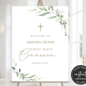 First Communion Welcome Sign Template, Greenery First Communion Welcome Sign, Editable First Communion Welcome Sign, First Communion Sign