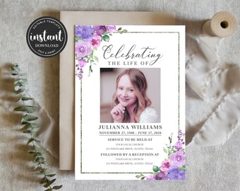 May include: A purple floral memorial service announcement with a photo of a woman. The text reads "Celebrating the Life of" and includes the name "Julianna Williams" and the dates "November 27, 1946 - June 17, 2020". The announcement also includes the details of the service and reception.