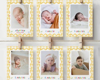 Fun to Be One Photo Monthly Banner, Primary Colors Boy Monthly Milestone Cards, First Year Photo Garland, Editable Canva Template