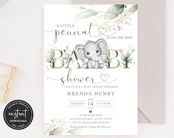 May include: A baby shower invitation with a cute elephant illustration and green foliage. The text reads "A little peanut is on the way" and "Baby Shower".