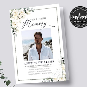 Editable Funeral Program Template, Greenery Memorial Service, Obituary Program Template, Greenery Celebration of life, In loving Memory