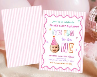 Fun to Be One Birthday Invitation, Colorful Girls First Birthday Invite, One is Fun Party, 1st Birthday Invitation, Editable Canva Template