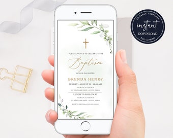 Electronic Baptism Invitation Template, Greenery Baptism Evite, Digital Baptism Text Invitation, Smartphone Baptism invite, Digital Baptism