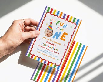 It's Fun to Be One First Birthday Invitation, Printable Birthday Card, Colorful Boy First Birthday Invite, Editable Canva Template