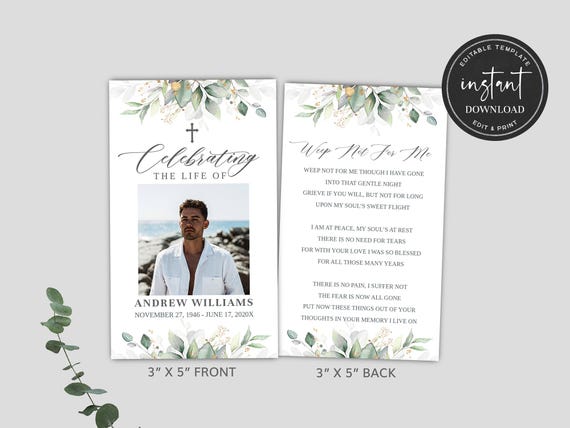 Editable Funeral Prayer Card Template, Greenery Funeral Prayer Card, Memorial Prayer Cards, Obituary Prayer Card, Canva Funeral Prayer Cards