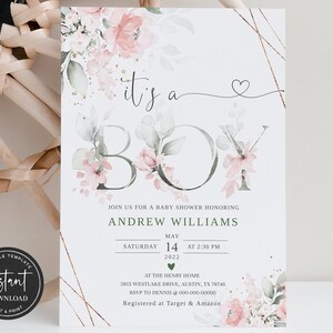 Pink Boy Baby Shower Invitation, Blush Pink Floral Baby Shower Invitation, It&#39;s A Boy Baby Shower Invitation, Gold Baby Shower, BSI07ZBR