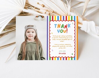 Fun to Be One Thank You Cards Template, Photo First Birthday Thank You Card, Primary Colors Birthday Thank You Cards, Canva Template