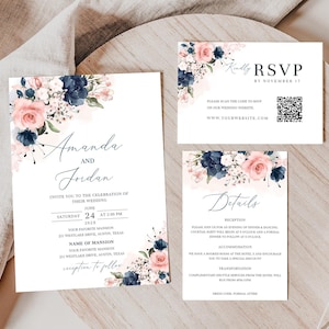 Rosa Hochzeitseinladungs-Vorlagenset, Hochzeitseinladungs-Set, Marineblaue Hochzeitseinladungs-Vorlage, Hochzeitseinladungs-Vorlagen-Set, Rosa Hochzeitseinladungs-Vorlage
