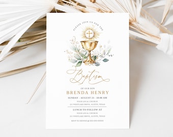 Greenery Baptism Invitation Template, Gold Baptism Invitation, Boy Christening Invitation, Boy Baptism Invitation, Editable Canva Template