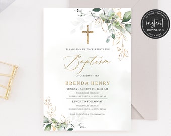 Puede incluir: Invitación de bautismo blanca con letras doradas y diseño floral de acuarela verde. El texto dice "Por favor, únase a nosotros para celebrar el bautismo de nuestra hija Brenda Henry. Domingo, 23 de agosto, 10:00 AM. Su iglesia local, 211 Westlake Drive, Austin, Texas. Almuerzo posterior en Su iglesia local, 211 Westlake Drive, Austin, Texas. RSVP a Dennis 000-000-0000".