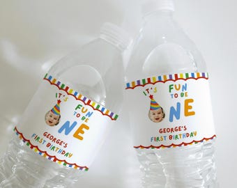It's Fun To Be One Birthday Water Bottle Label, Primary Colors Water Bottle Label, 1st Birthday Water Bottle Label, Editable Canva Template