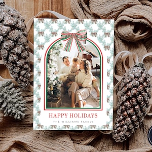 Plantilla de tarjeta fotográfica navideña, plantilla de tarjeta fotográfica con lazo navideño, plantilla de tarjeta navideña con foto, tarjeta festiva con foto con lazo, tarjeta festiva con foto