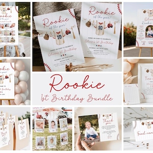May include: A baseball-themed first birthday party bundle featuring white signs with red stitching, baseball jerseys, gloves, and bats. The collection includes milestone photo boards, invitations, time capsule cards, thank you notes, and food labels.