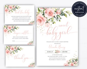 Baby Shower Invitation Girl Set, Blush Pink Floral Baby Shower Invitation Set, Sweet Baby Set, Girl Baby Shower Set, Baby Shower, BSI01ZBR