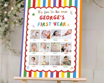 Fun to Be One Photo Board, Fun To Be One Photo Board Boy, Colorful Boy First Birthday Sign, Baby Photo Sign, Baby First Year Canva Template
