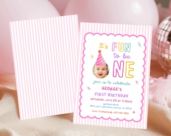 Fun to Be One Birthday Invitation, Colorful Girls First Birthday Invite, One is Fun Party, 1st Birthday Invitation, Editable Canva Template