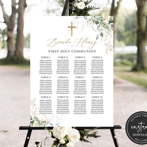 First Communion Seating Chart Template, Greenery First Communion Seating Chart, First Communion Seating Chart Poster, Printable Seating Plan