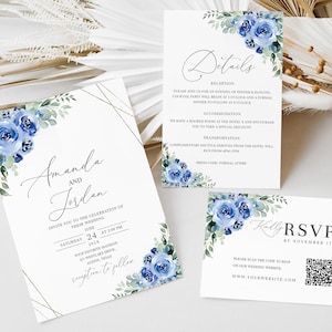 Dusty Blue Hochzeitseinladungs-Vorlagen-Set, Hellblaue Hochzeitseinladung, Florale Hochzeitseinladung, Blaue Hochzeit lädt ein