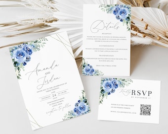 May include: Wedding invitation suite with blue watercolor floral designs. The invitation card features the couple's names, Amanda and Jordan, and wedding details. The RSVP card includes a QR code for guests to respond.