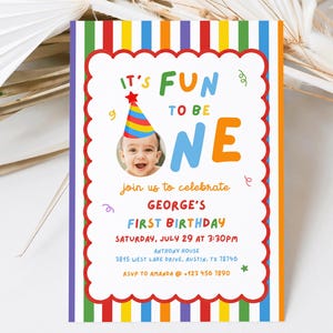 It's Fun to Be One First Birthday Invitation, Printable Birthday Card, Colorful Boy First Birthday Invite, Editable Canva Template