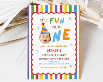 It's Fun to Be One First Birthday Invitation, Printable Birthday Card, Colorful Boy First Birthday Invite, Editable Canva Template