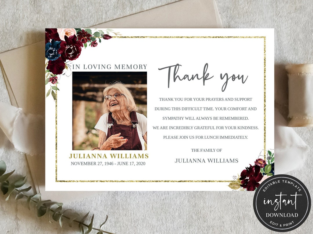 Editable Funeral Thank You Card, Funeral Thank You Cards, Memorial