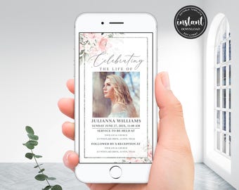 Blush Pink Funeral Evite, Editable Funeral Evite, Digital Funeral, Electronic Funeral Announcement, Pink Floral Celebration of Life Evite