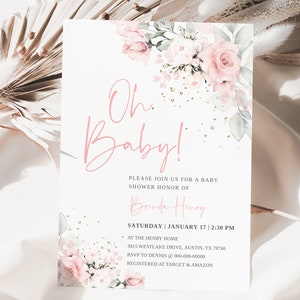 May include: A pink and white floral baby shower invitation with gold glitter accents. The invitation reads "Oh Baby!" and includes the date, time, and location of the shower. It also includes the name of the honoree, Brenda Henry, and the RSVP information.