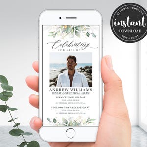 May include: A digital phone screen displaying a memorial service announcement for Andrew Williams. The announcement includes the date, time, and location of the service, followed by a reception. The background features a floral design with green leaves and white flowers.