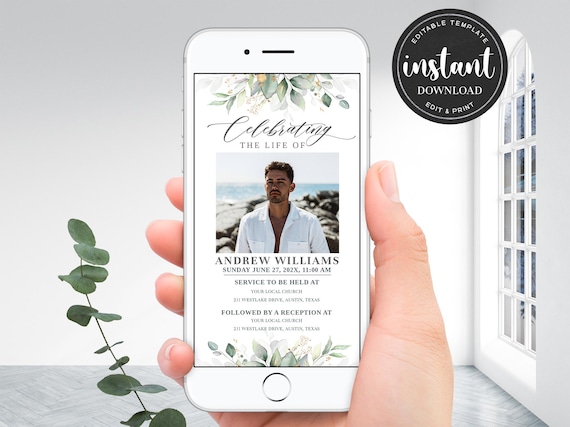 Greenery Funeral Evite, Editable Funeral Evite, Digital Funeral Invite, Memorial Evite, Electronic Celebration of Life, Canva funeral Evite
