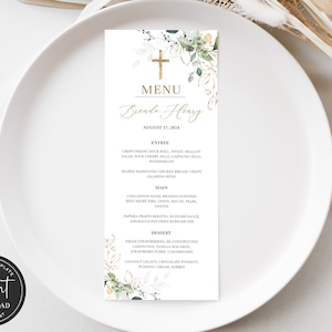 Modelo de menu de primeira comunhão com vegetação, modelo de menu de primeira comunhão, menu de primeira comunhão em aquarela, menu de primeira comunhão para impressão