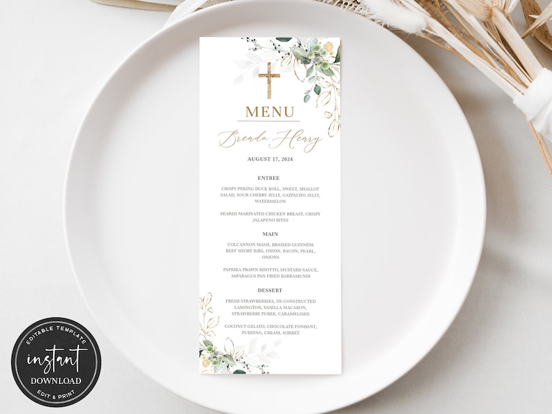 First Menu Ideas Greenery First Holy Communion Menu Template, First Communion Menu ...