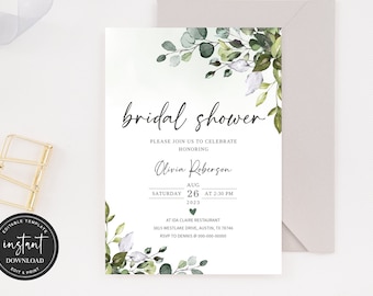 Puede incluir: Una invitación de ducha nupcial blanca con follaje de acuarela verde y blanco. El texto dice "bridal shower" e incluye el nombre "Olivia Roberson", la fecha "26 de agosto de 2023" y la hora "2:30 PM".