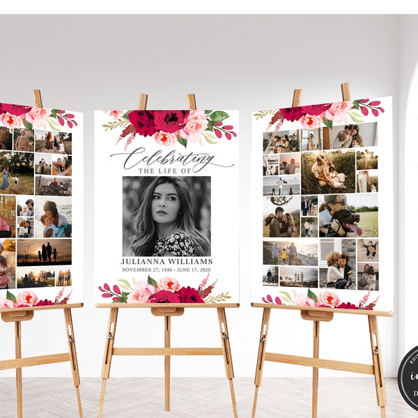 Funeral Collage Template, Set of 3 Funeral Photo Collage Bundle, Funeral Welcome Sign Bundle, Memorial Poster, Easel Display Memorial Poster