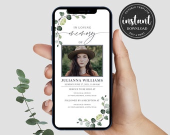 Könnte beinhalten: Eine digitale Trauerkarte mit grünem floralem Rand. Die Karte zeigt ein Foto einer Frau mit Hut und eine Nachricht mit dem Text "In liebevoller Erinnerung an" gefolgt vom Namen "Julianna Williams". Die Karte enthält auch Datum und Uhrzeit des Gottesdienstes sowie den Ort der Kirche.