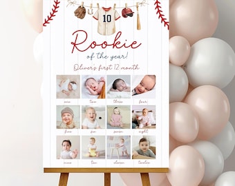 Baseball First Birthday Party Photo Board, 1st Birthday Photo Collage, Baseball 1st Birthday Poster, Photo Stats Sign Canva Template