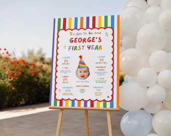 First Birthday Milestone Board with Photo, Colorful 1st birthday Poster, Fun to Be One Sign, Primary Colors Baby Stats, Canva Template