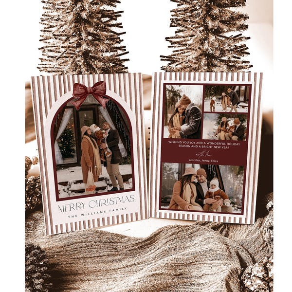 Boho Holiday Photo Card Template, Boho Christmas Card, Printable Arch Christmas Card, Year In Review Holiday Card, Bow Stripe Christmas Card