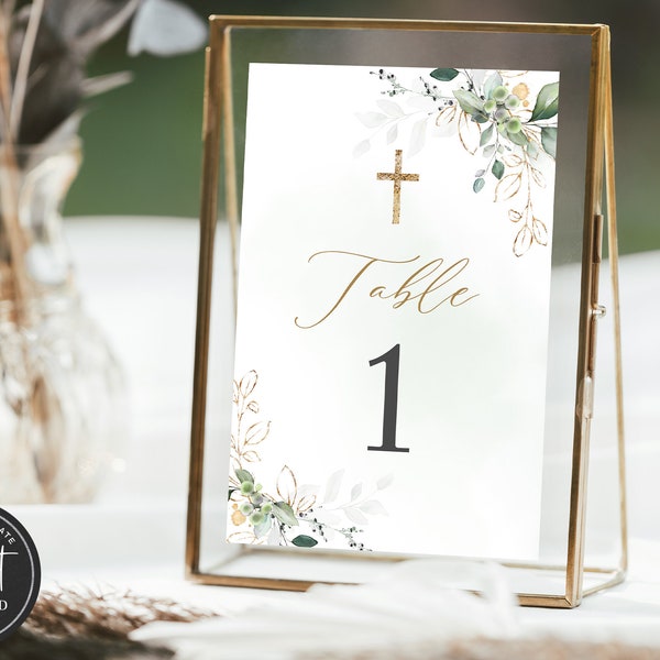 Table Number Template, First Communion Table Number, Greenery First Communion Table Number, Editable Table Number, Printable Table Numbers