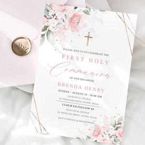 Pink First Holy Communion Invitation Template, Pink Watercolor Communion Invite, Editable First Communion Invitation, Girl Communion Invite image 2