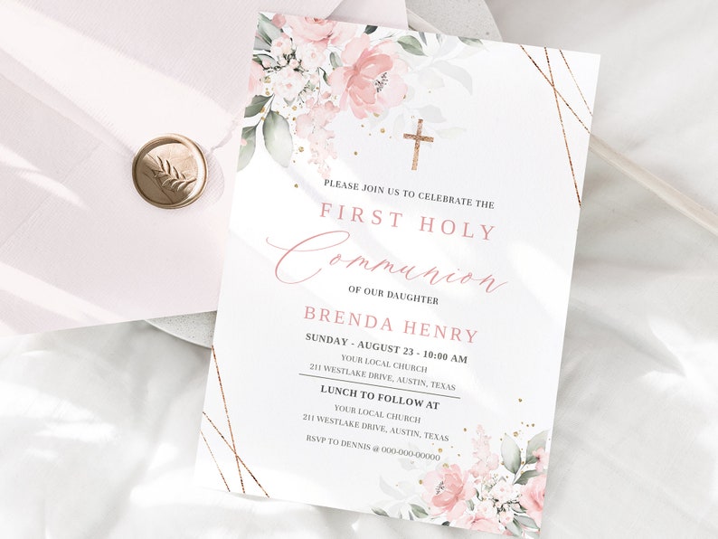 Pink First Holy Communion Invitation Template, Pink Watercolor Communion Invite, Editable First Communion Invitation, Girl Communion Invite image 2