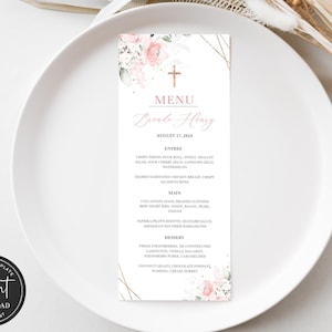 Modello di menu per la prima comunione rosa, menu per la prima comunione rosa, menu per la comunione acquerello rosa, menu per la prima comunione, menu per la comunione