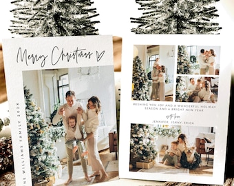May include: A white holiday greeting card featuring the text Merry Christmas and The Williams Family 202X on the front. The card displays multiple family photographs, including a large image of three people and smaller photos with a dog.
