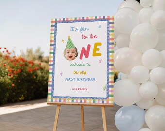 Fun to Be One Birthday Welcome Sign, Colorful First Birthday Welcome Sign, Fun to Be One Sign Editable Birthday Sign Canva Template