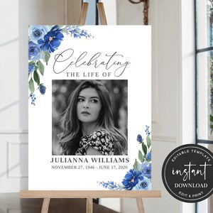 May include: A white memorial sign with a blue floral border and a photo of a woman. The sign reads "Celebrating the Life of" and includes the name "Julianna Williams" and the dates "November 27, 1946 - June 17, 2020". The sign also includes the text "Editable Template" and "Instant Download Edit & Print".