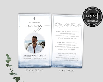 Op de afbeelding: Een witte en blauwe herdenkingskaart met een foto van een man en een gedicht met de titel "Weep Not For Me". De kaart is 7,6 cm bij 12,7 cm en heeft een aquarel-achtige achtergrond.