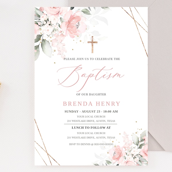 Baptism Invitation Template, Pink Baptism Invitation Template, Christening Invitation, Pink Baptism Invitation Card, Girl Baptism Invitation