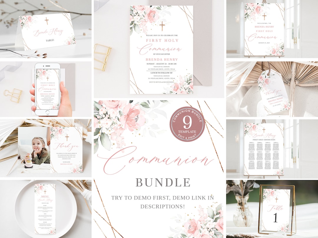 Pink First Holy Communion Invitation Bundle, First Holy Communion ...