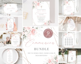 Pode incluir: Um pacote de 9 modelos imprimíveis para uma celebração da Primeira Comunhão. Os modelos apresentam um esquema de cores rosa e dourado com designs florais e uma cruz. O texto nos modelos inclui "Primeira Comunhão", "Brenda Henry" e "Obrigado".