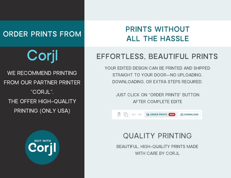 May include: An informational graphic with a dark gray left panel and light gray right panel. Text reads: ORDER PRINTS FROM Corjl, PRINTS WITHOUT ALL THE HASSLE, EFFORTLESS, BEAUTIFUL PRINTS, and QUALITY PRINTING. Includes a button labeled ORDER PRINTS.